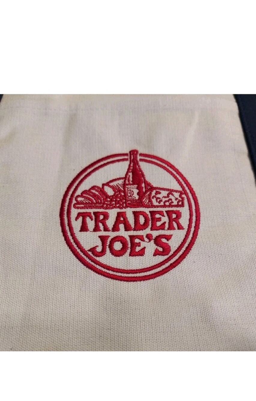 TRADER JOE'S TOTE BAG NAVY BLUE CANVAS STRAPS NEW 20" Iconic REUSABLE EMBROIDERY